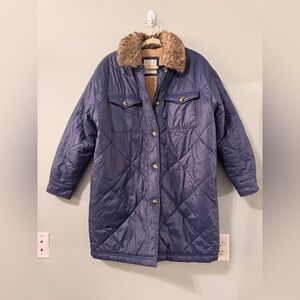 Aerie women’s oversized blue quilted puffer fur collar hooded jacket size M
